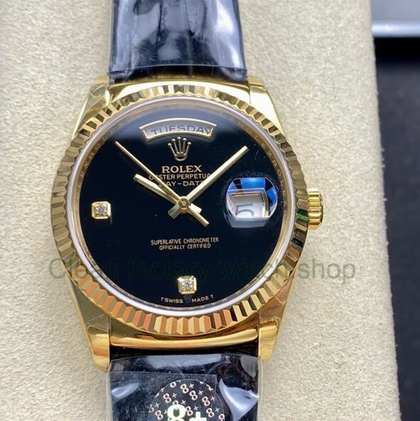 8+ Factory ‘counterweight’ Rolex Day-Date 36mm 18238 Yellow Gold Crocodile Leather Strap Diamond Mope Black Dial 1 67ff4ae8 1c70 4c9d a9a6 6df2c186fde0 Clean Factory Watch