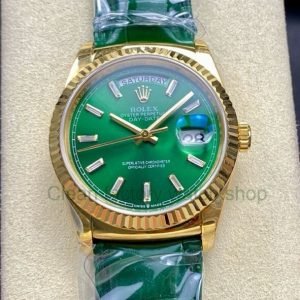8+ Factory ‘counterweight’ Rolex Day-Date 36mm 128238-0130 Yellow Gold Crocodile Leather Strap Baguette Diamond Green Dial 16 71e91bec 2cd0 4361 b9f7 71ff209aa036 Clean Factory Watch