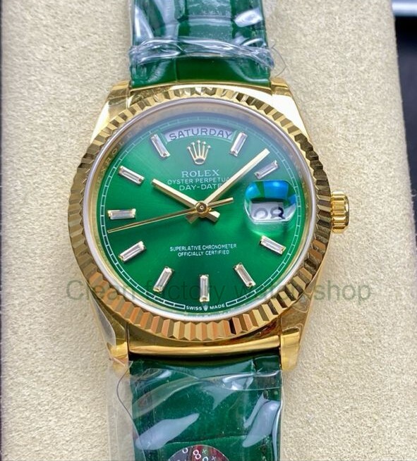 8+ Factory ‘counterweight’ Rolex Day-Date 36mm 128238-0130 Yellow Gold Crocodile Leather Strap Baguette Diamond Green Dial 1 71e91bec 2cd0 4361 b9f7 71ff209aa036 Clean Factory Watch