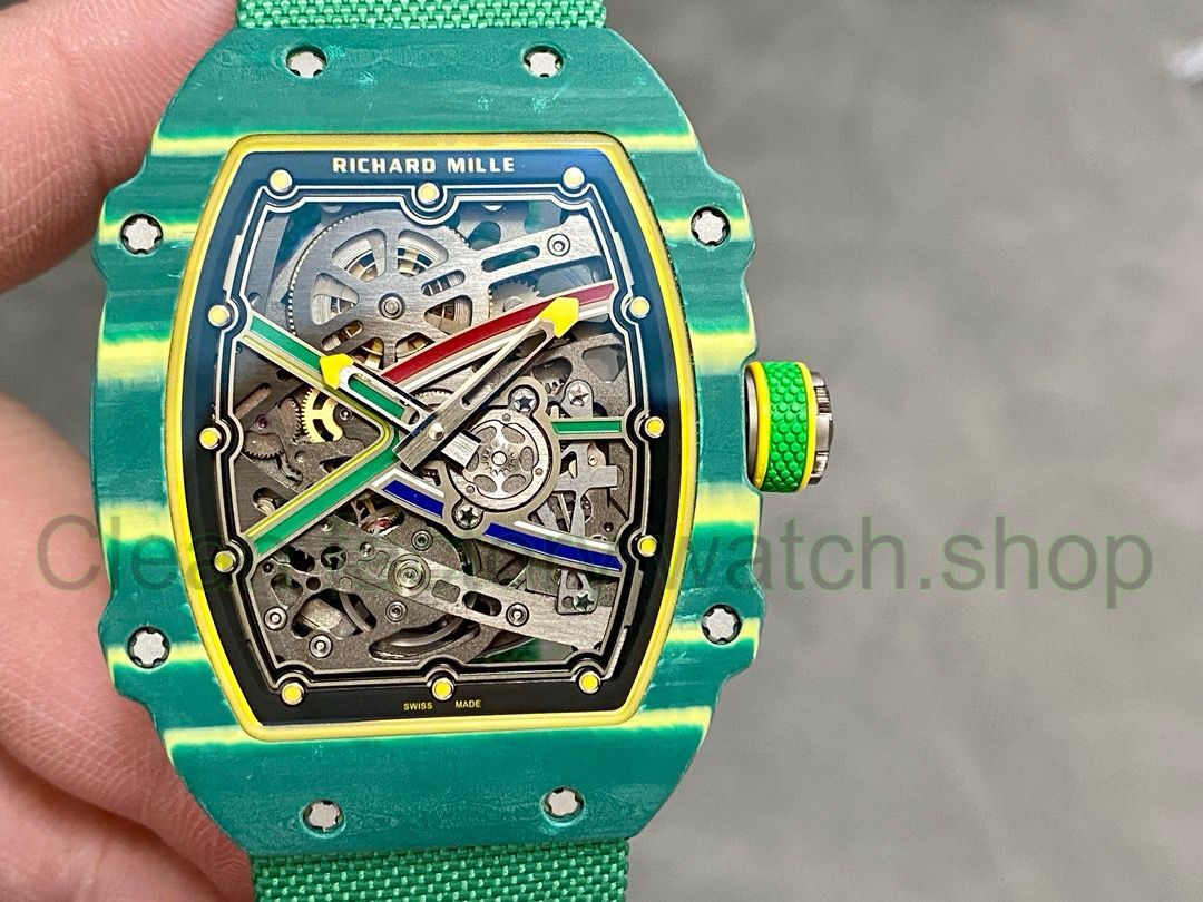 Custom Make Richard Mille RM67-02 38.7mm Carbon Fiber Green Textile Strap Skeletonized Dial 1 8347a425 0c2f 466d aedb 734943cbcca3 Clean Factory Watch