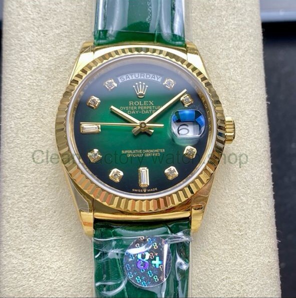 8+ Factory ‘counterweight’ Rolex Day-Date 36mm 128238-0069 Yellow Gold Crocodile Leather Strap Diamond Mope&Baguette Diamond Green Ombré Dial 1 f4e811cf fac3 407d bf94 1a7d2e88686b Clean Factory Watch