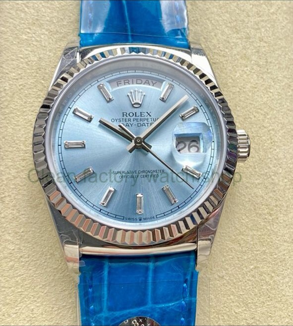 8+ Factory ‘counterweight’ Rolex Day-Date 36mm 128236-0009 White Gold Crocodile Leather Strap Baguette Diamond Ice Blue Dial 1 fb94b08e 1221 48b3 9787 b1ad8ae45bed Clean Factory Watch