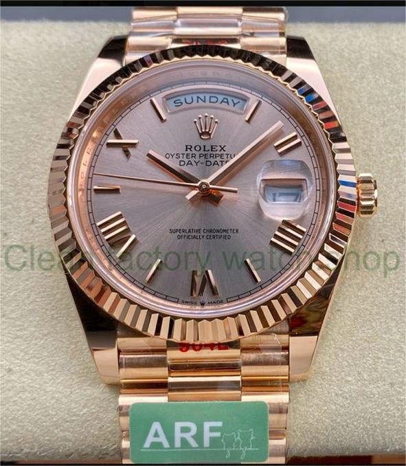 ARF Factory Counterweight Rolex Day-Date 228245-0001 40mm Full Rose Gold Roman Numerals Pink Dial 1 0df79c5b f9e6 4646 b874 888980fa47b1 Clean Factory Watch