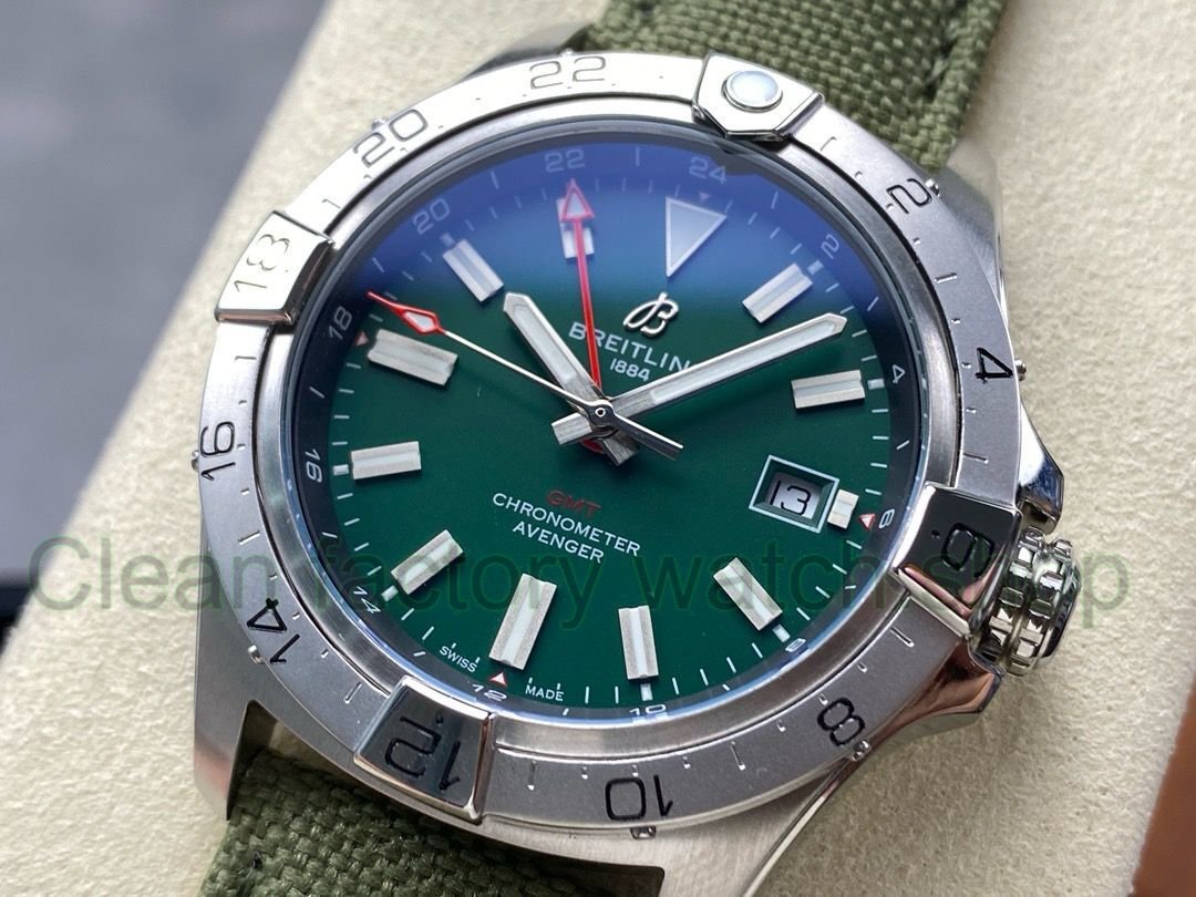 BLS Factory Breitling Avenger 44mm Steel Calf Skin Strap Red GMT Needle Green Dial 3 2e3c3753 6d22 423c 9997 50712fe1a0ec Clean Factory Watch