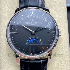 GR Factory Vacheron Constantin Moonphase Retrograde Date Overseas 41mm Steel Leather Strap Black Dial
