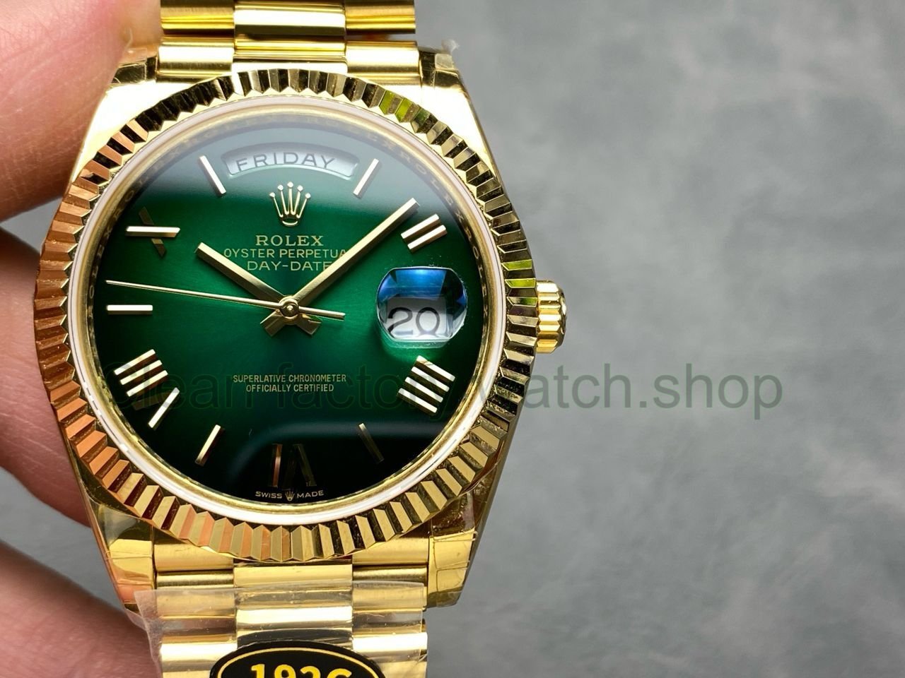 KF Factory Rolex Day-Date 228238-0061 40mm Full Yellow Gold Roman Numerals Slate Ombré Green Dial 3255 Movement 1 8abb2eba f793 4c20 a3a4 5ca0fd71ceac Clean Factory Watch