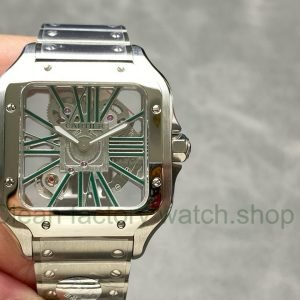THB Factory Cartier Santos WHSA0028 39.8mm Full Steel Green Roman Numerals Skeleton Dial