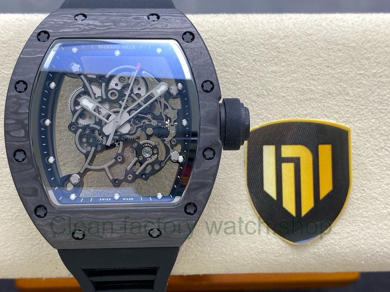 NEW Factory Richard Mille RM055 Abu Dhabi 42.7mm Carbon Fiber Black Rubber Strap Skeletonized Black Dial 1 NEW Factory Richard Mille RM055 Abu Dhabi 42.7mm Carbon Fiber Black Rubber Strap Skeletonized Black Dia Clean Factory Watch