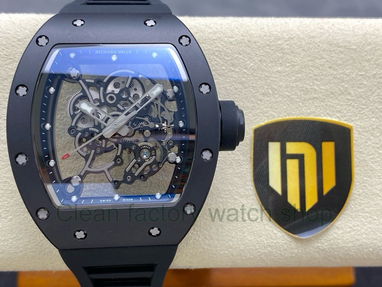 NEW Factory Richard Mille RM055 Bubba Watson 42.7mm Ceramic Black Rubber Strap Skeletonized Black Dial 1 Clean Factory Watch
