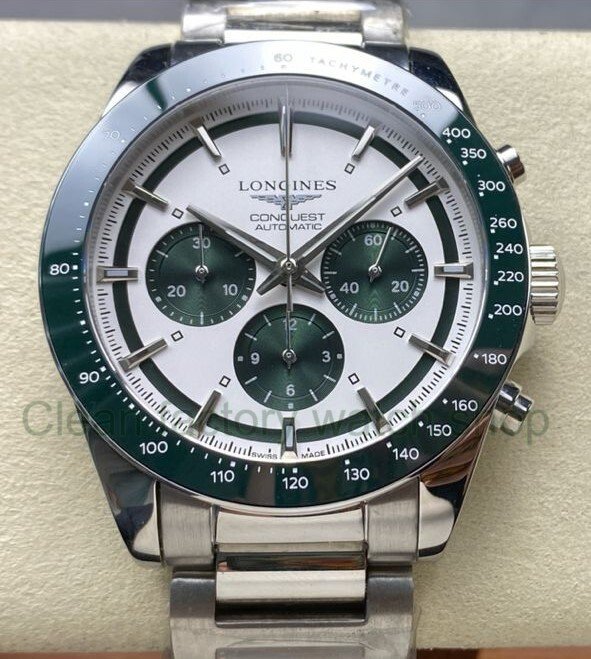 AF Factory Longines Conquest Chronograph L3.835.4.02.6 42mm Full Steel Strap Green Eyes White D Clean Factory Watch