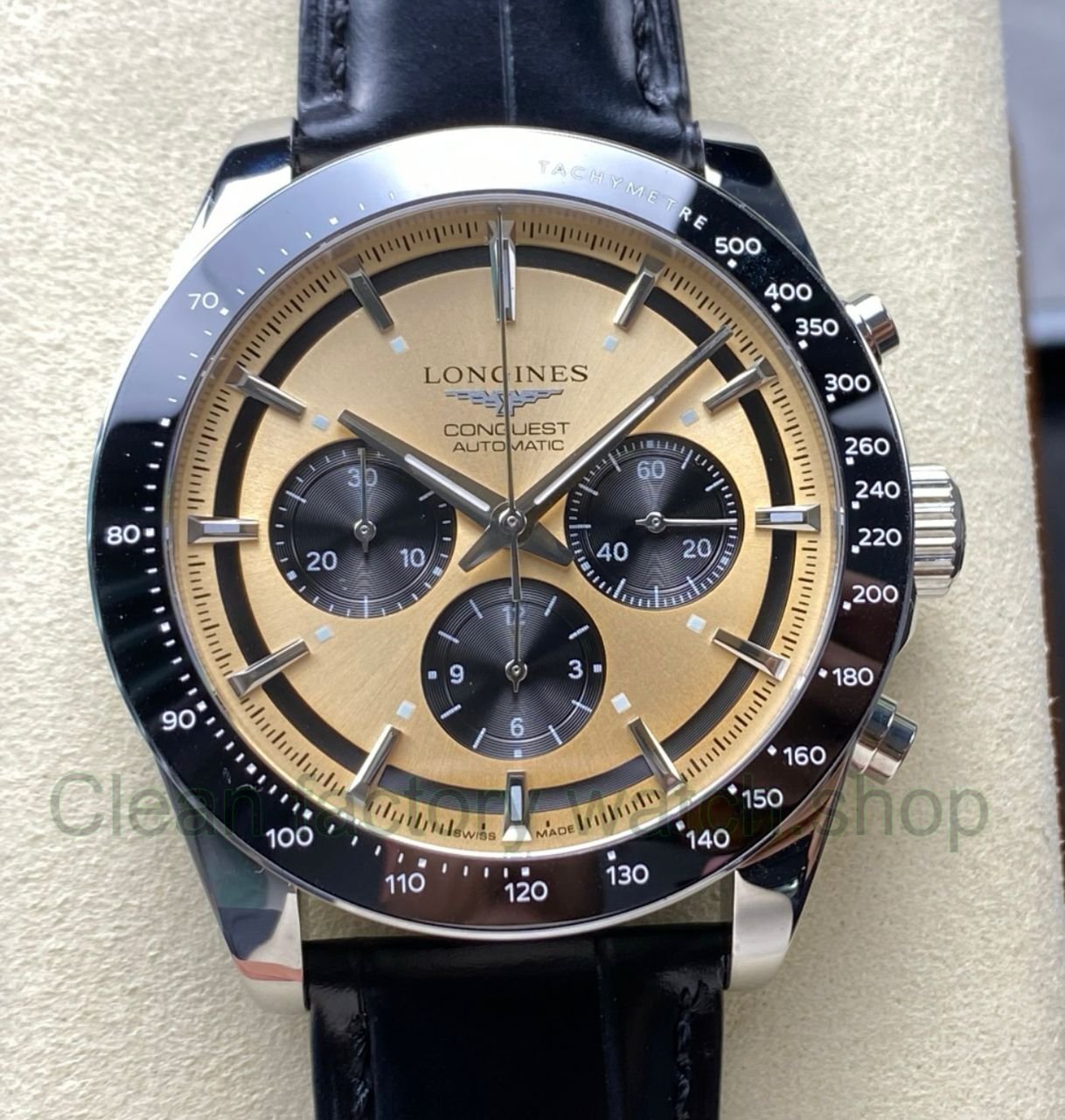 AF Factory Longines Conquest Chronograph L3.835.4.02.6 42mm Steel Leather Strap Black Eyes Champagne Dial 1 AF Factory Longines Conquest Chronograph L3.835.4.02.6 42mm Steel Leather Strap Black Ey 6 Clean Factory Watch