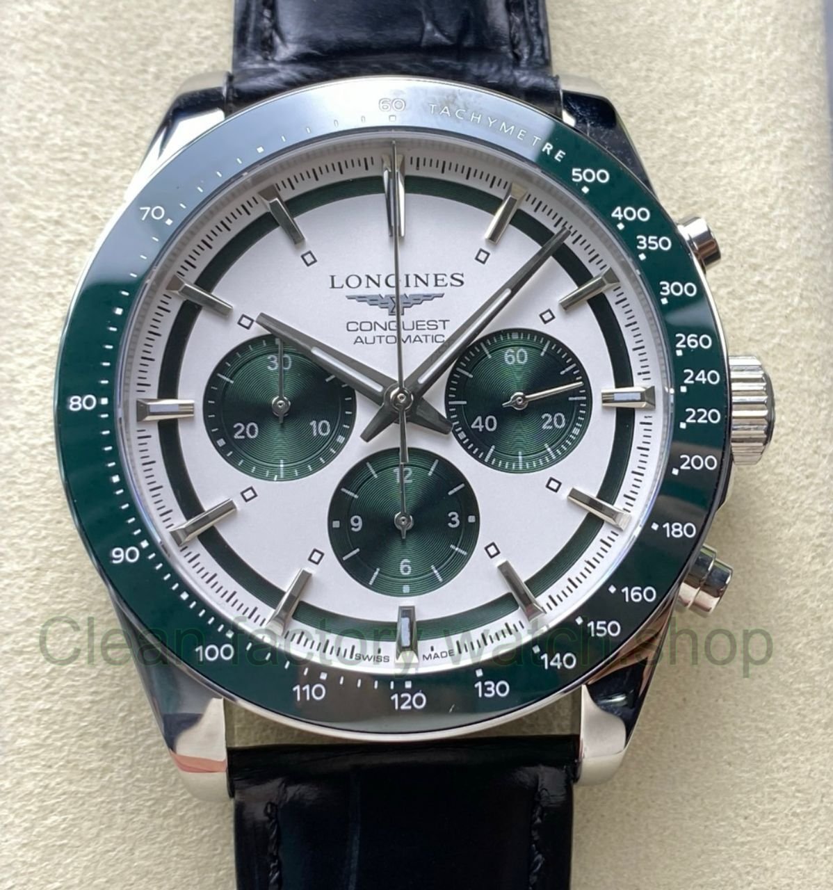 AF Factory Longines Conquest Chronograph L3.835.4.02.6 42mm Steel Leather Strap Green Eyes W 6 Clean Factory Watch