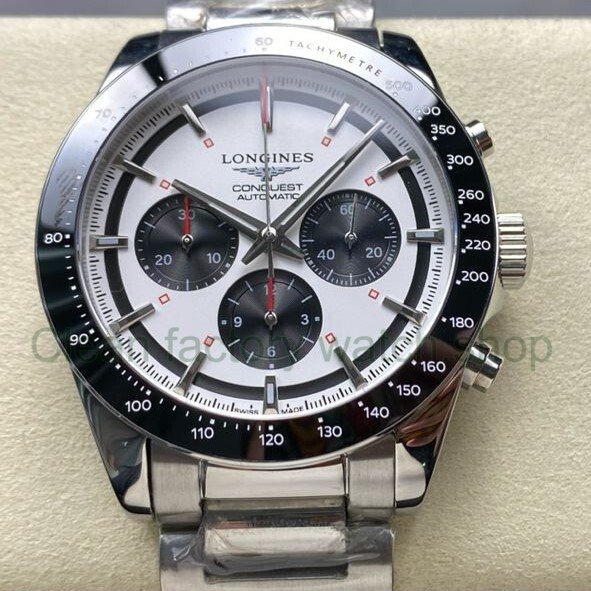 AF Factory Longines Conquest Chronograph L3.835.4.72.6 42mm Full Steel Strap Black Eyes White D 8 Clean Factory Watch