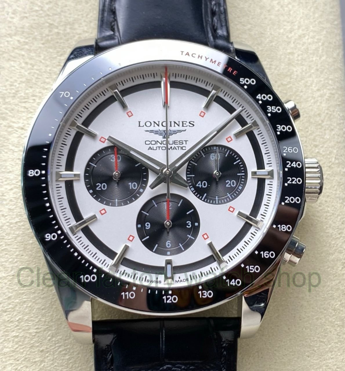 AF Factory Longines Conquest Chronograph L3.835.4.72.6 42mm Steel Leather Strap Black Eyes W 9 Clean Factory Watch