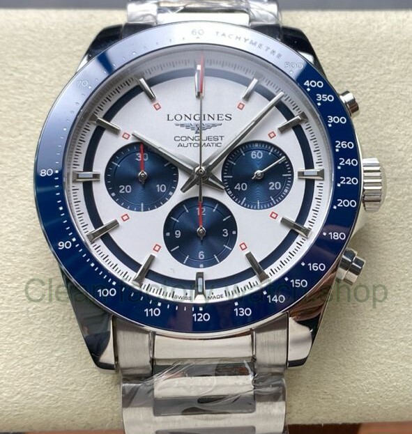 AF Factory Longines Conquest Chronograph L3.835.4.98.6 42mm Full Steel Strap Blue Eyes White Dia 3 Clean Factory Watch