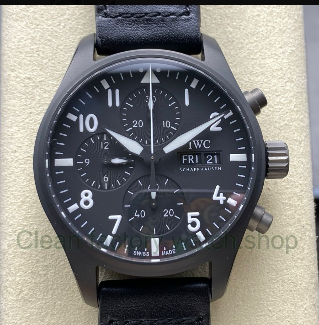 BLS Factory IWC Pilot Chronograph Top Gun IW388106 41mm Ceramic Leather Strap Black Dial 1 BLS Factory IWC Pilot Chronograph Top Gun IW388106 41mm Leather Strap Black Dial 1 Clean Factory Watch
