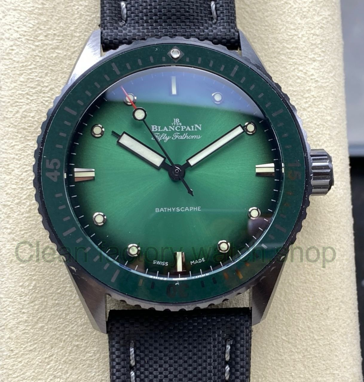 GF Factory Blancpain Fifty Fathoms Bathyscaphe 5005 0153 NABA 43mm Ceramic Textile Strap Green Dial 3 1 Clean Factory Watch