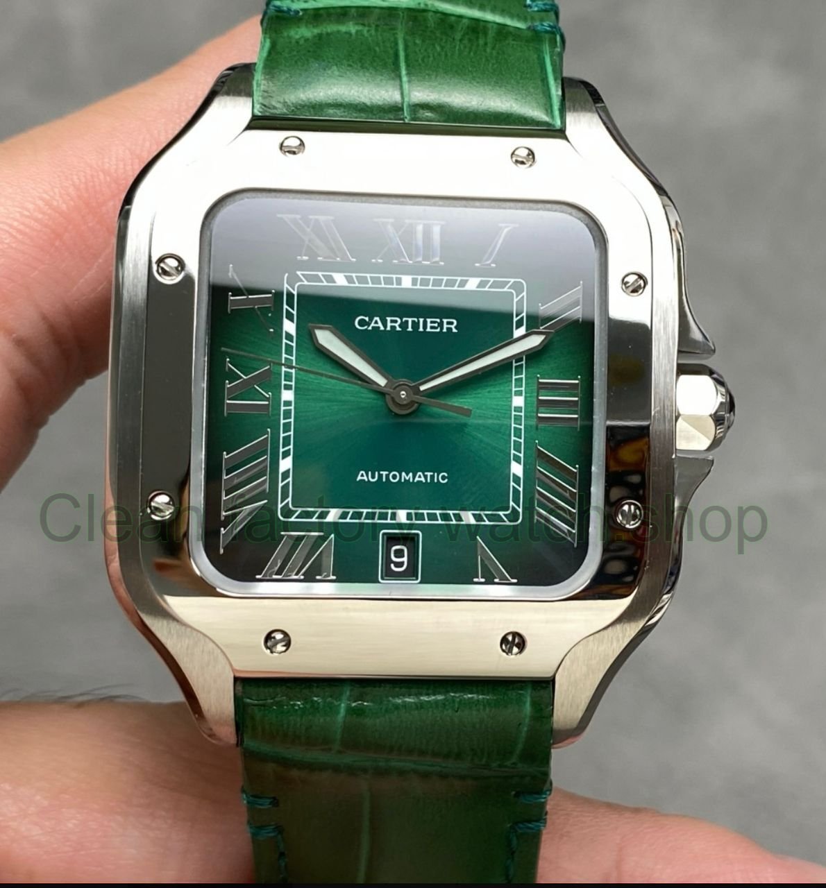 J12 Factory Cartier Santos WSSA0062 39.8mm Leather Strap Roman Numerals Green Dial 15 Clean Factory Watch