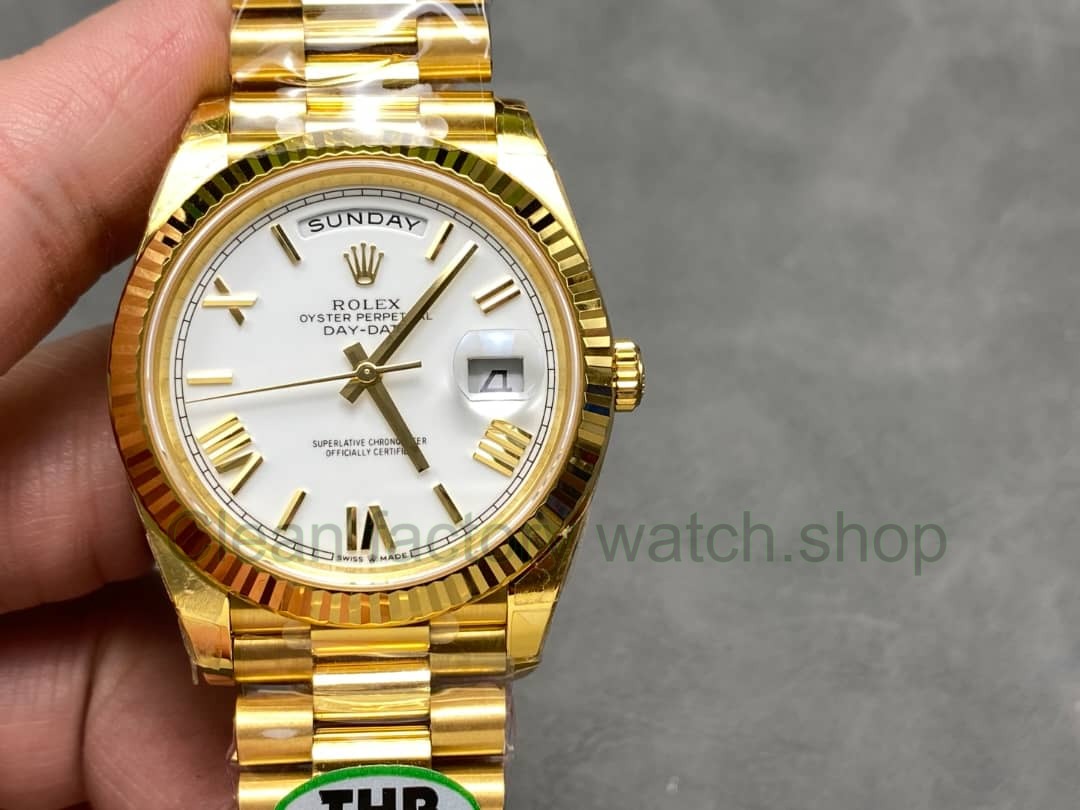 THB Factory Counterweight Rolex Day Date 228238 0042 40mm Full Yellow Gold Roman Numerals White Dial 6 Clean Factory Watch