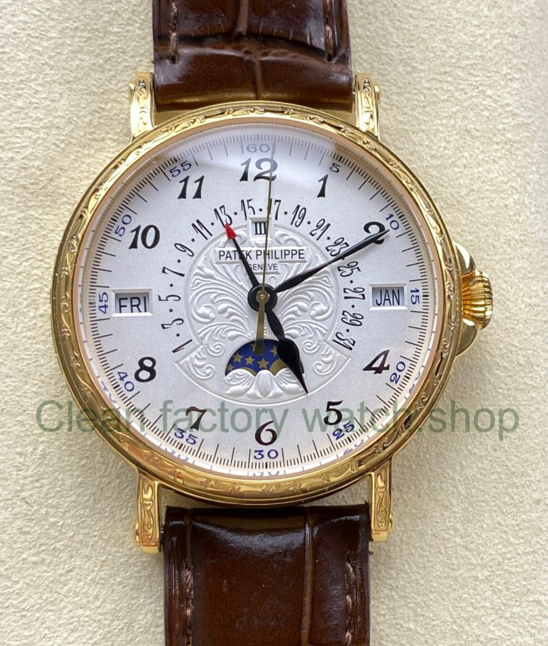 ZM Factory Patek Philippe Perpetual Calendar 5159 38mm Engraving Yellow Gold Leather Strap Whi 1 Clean Factory Watch