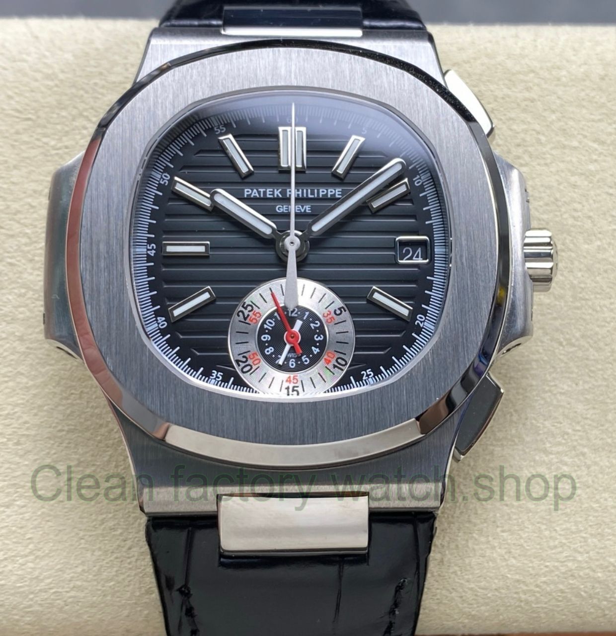 3K Factory Patek Philippe Nautilus 59801A 014 Leather Strap Black Dial 22 Clean Factory Watch