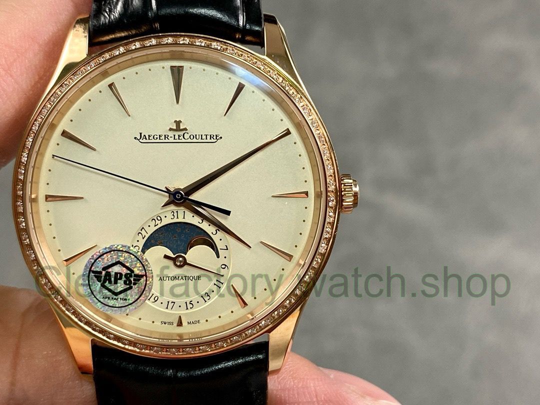 APS Factory Jaeger LeCoultre Master Ultra Thin Moon Q1362503 Rose Gold Diamond Bezel White Dial 13 Clean Factory Watch