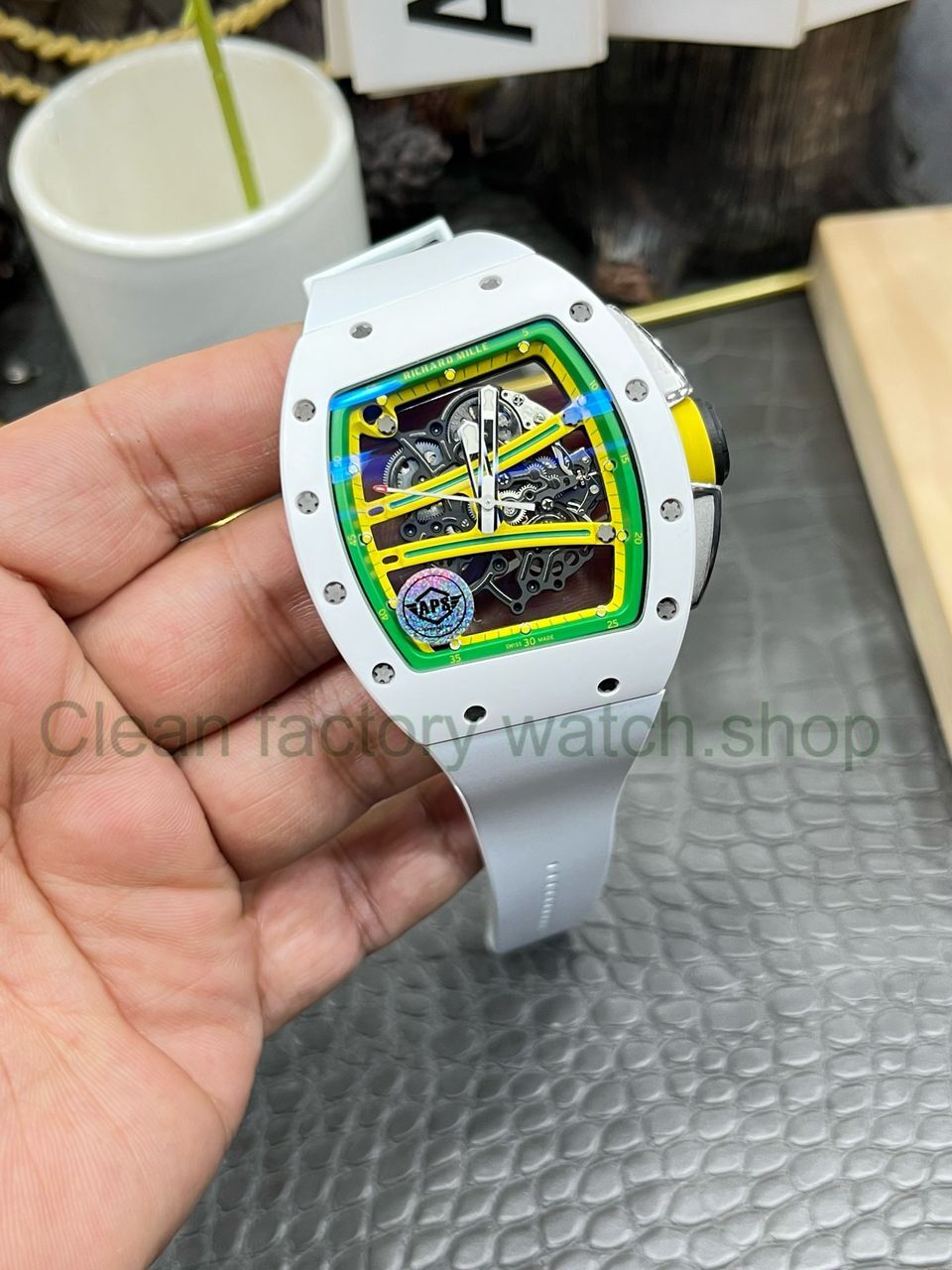 APS Factory Richard Mille RM 061-01 White Ceramic Yohan Blake Skeletonized Green Dial (1) APS Factory Richard Mille RM 061-01 White Ceramic Yohan Blake Skeletonized Green Dial (1)