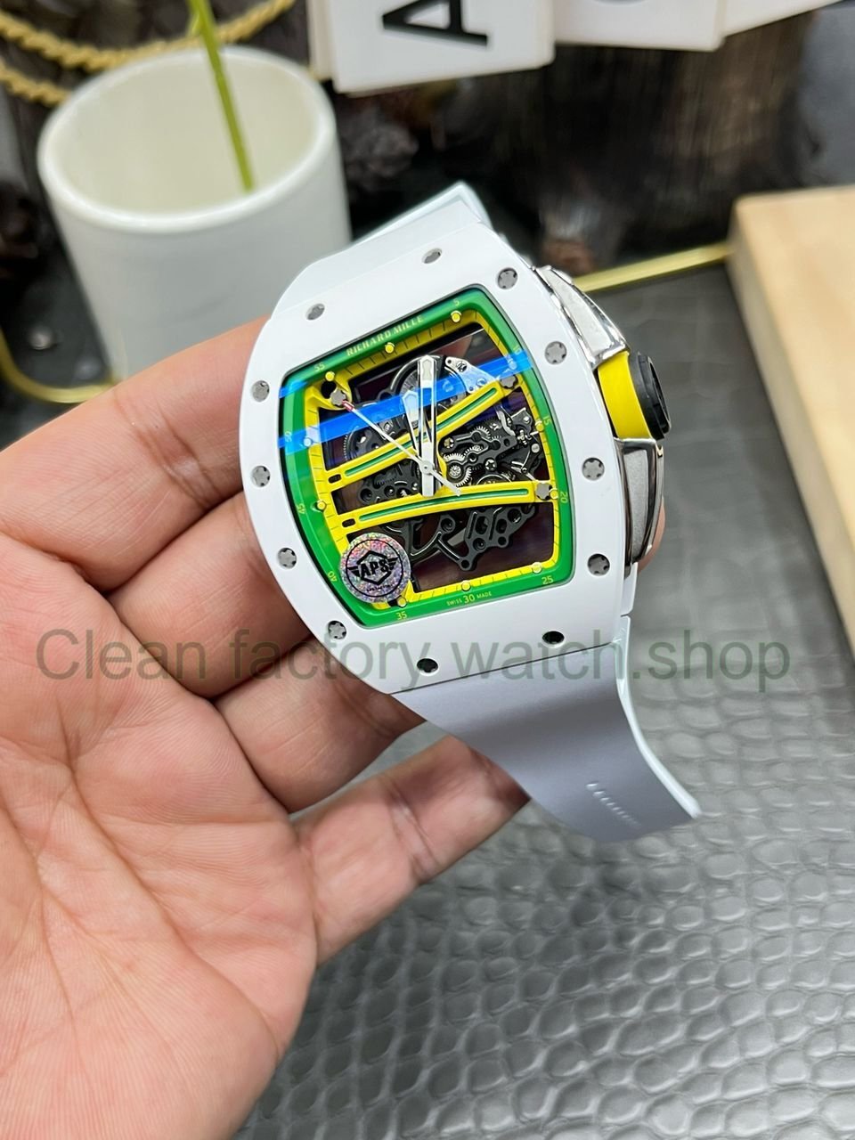 APS Factory Richard Mille RM 061-01 White Ceramic Yohan Blake Skeletonized Green Dial (14) APS Factory Richard Mille RM 061-01 White Ceramic Yohan Blake Skeletonized Green Dial (14)