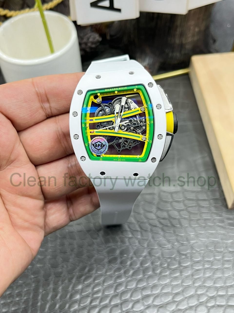 APS Factory Richard Mille RM 061-01 White Ceramic Yohan Blake Skeletonized Green Dial 1 APS Factory Richard Mille RM 061 01 White Ceramic Yohan Blake Skeletonized Green Dial 16 Clean Factory Watch