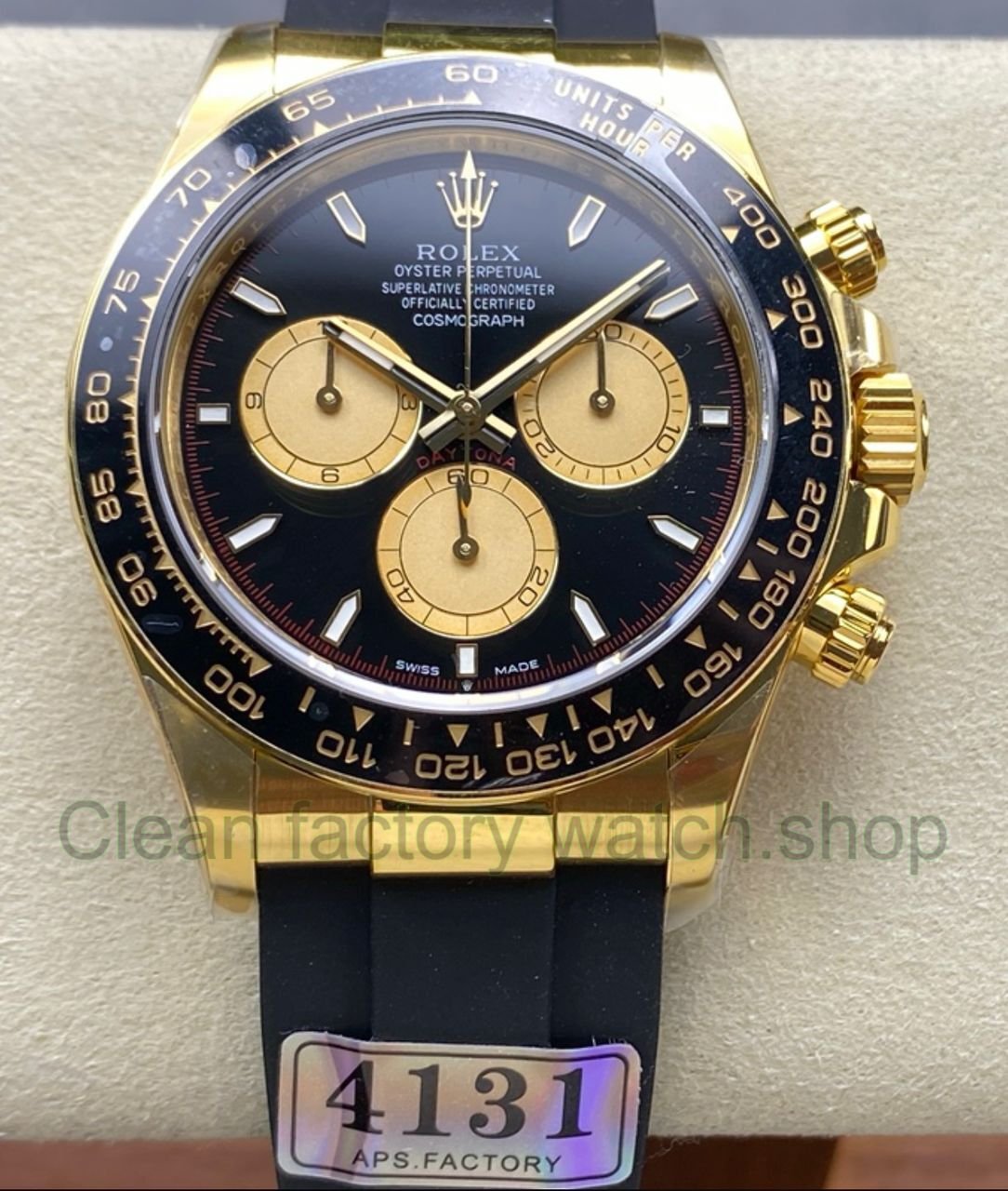 APS Factory counterweight Rolex Daytona 126518LN 0004 Yellow Gold Rubber Strap Black Dial 1 Clean Factory Watch