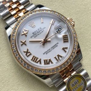 ARF Factory Counterweight Rolex Datejust 278381RBR-0004 31mm Rose Gold Diamond Bezel Roman Numerals White Dial Jubilee at 45 degree angle