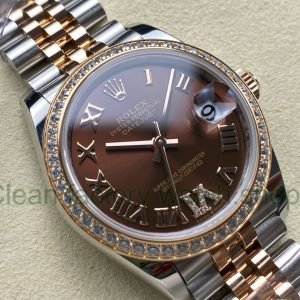 ARF Factory Counterweight Rolex Datejust 278381RBR-0006 31mm Rose Gold Diamond Bezel Roman VI Brown Dial Jubilee at 45 degree angle