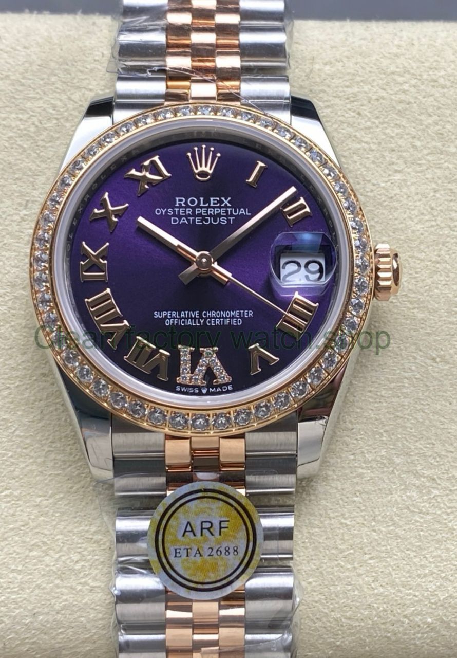 ARF Factory Counterweight Rolex Datejust 278381RBR-0020 31mm Rose Gold Diamond Bezel Roman VI Purple Dial Jubilee 1 ARF Factory Counterweight Rolex Datejust 278381RBR 0020 31mm Rose Gold Diamond Bezel Roman VI Purple D 8 Clean Factory Watch