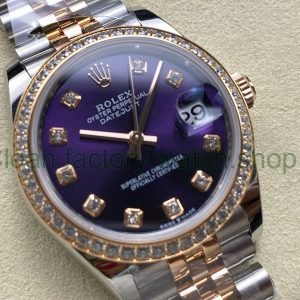 ARF Factory Counterweight Rolex Datejust 278381RBR 31mm Rose Gold Diamond Bezel Purple Dial Jubilee at 45 degree angle
