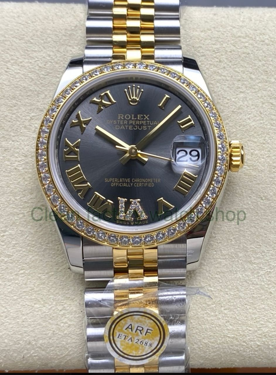 ARF Factory Counterweight Rolex Datejust 278383RBR 0018 31mm Yellow Gold Diamond Roman VI Grey Dial Jubilee 7 Clean Factory Watch