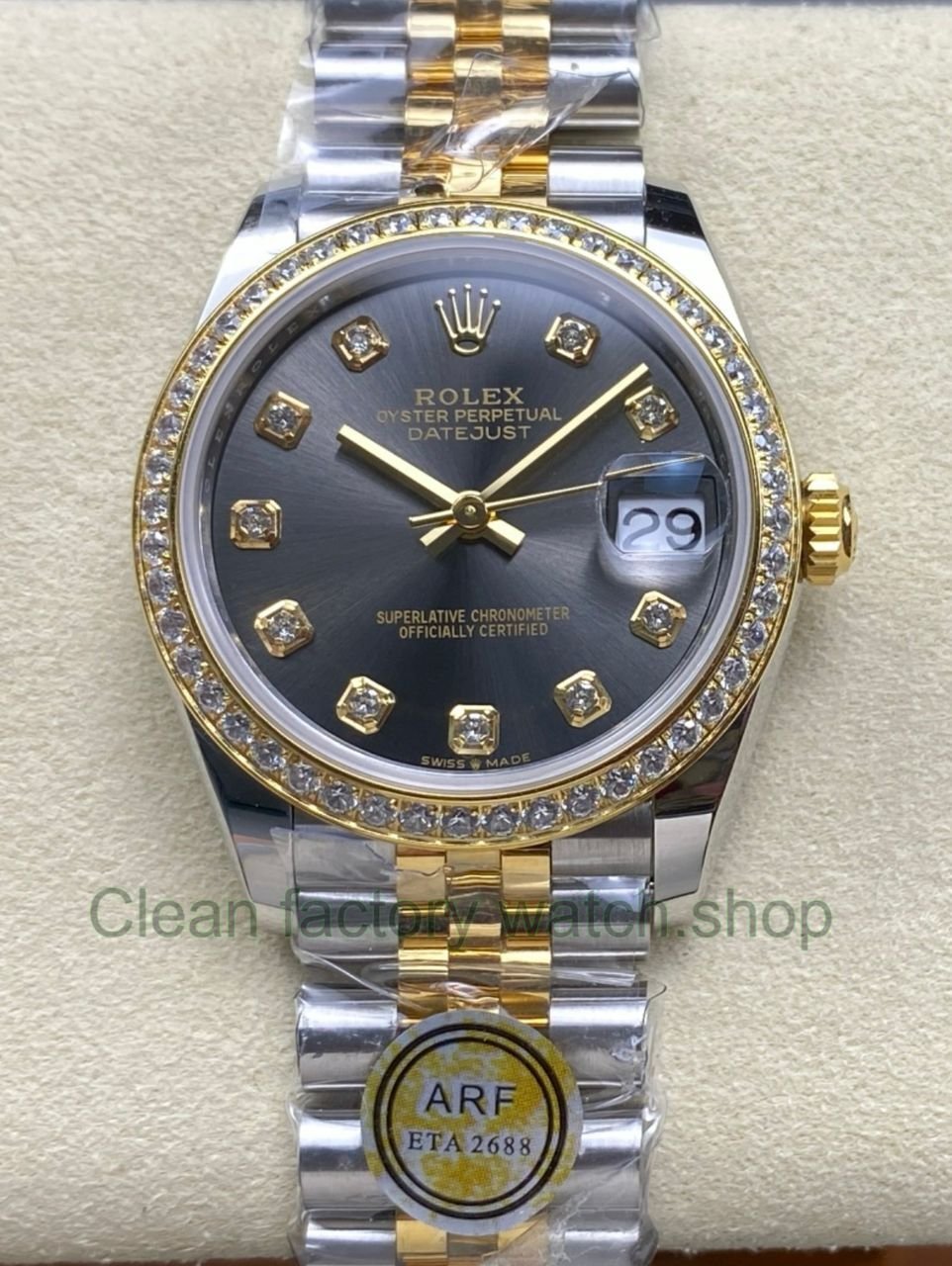 ARF Factory Counterweight Rolex Datejust 278383RBR 0022 31mm Yellow Gold Diamond Grey Dial Jubilee 5 Clean Factory Watch