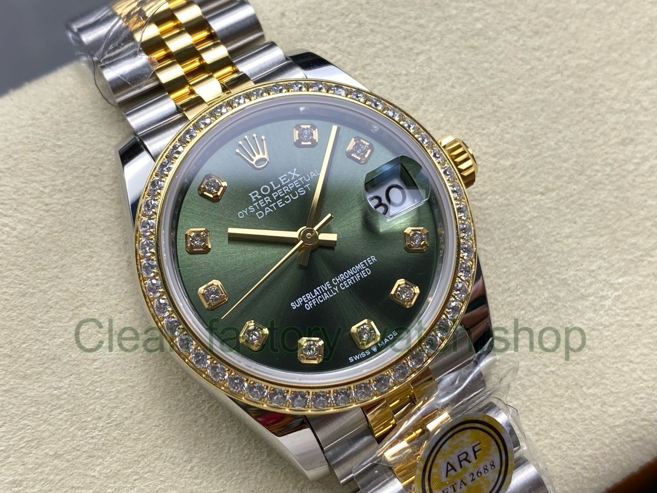 ARF Factory Counterweight Rolex Datejust 278383RBR-0030 31mm Yellow Gold Diamond Bezel Green Dial Jubilee (1) ARF Factory Counterweight Rolex Datejust 278383RBR-0030 31mm Yellow Gold Diamond Bezel Green Dial Jubilee (1)