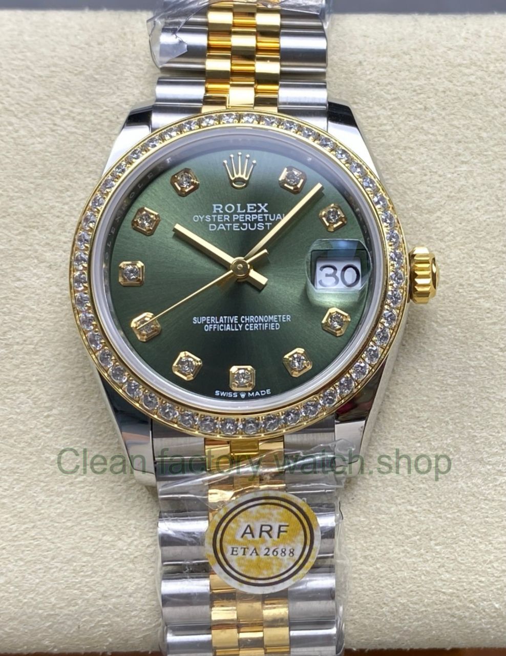 ARF Factory Counterweight Rolex Datejust 278383RBR-0030 31mm Yellow Gold Diamond Bezel Green Dial Jubilee 1 ARF Factory Counterweight Rolex Datejust 278383RBR 0030 31mm Yellow Gold Diamond Bezel Green Dial Jubilee 5 Clean Factory Watch