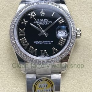 ARF Factory Counterweight Rolex Datejust 278384RBR 0001 31mm Diamond Bezel Roman Numerals Black Dial 6 Clean Factory Watch