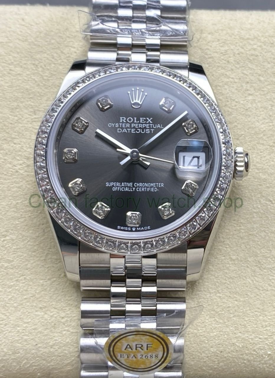 ARF Factory Counterweight Rolex Datejust 278384RBR 0010 31mm Diamond Bezel Grey Dial Jubilee 8 Clean Factory Watch