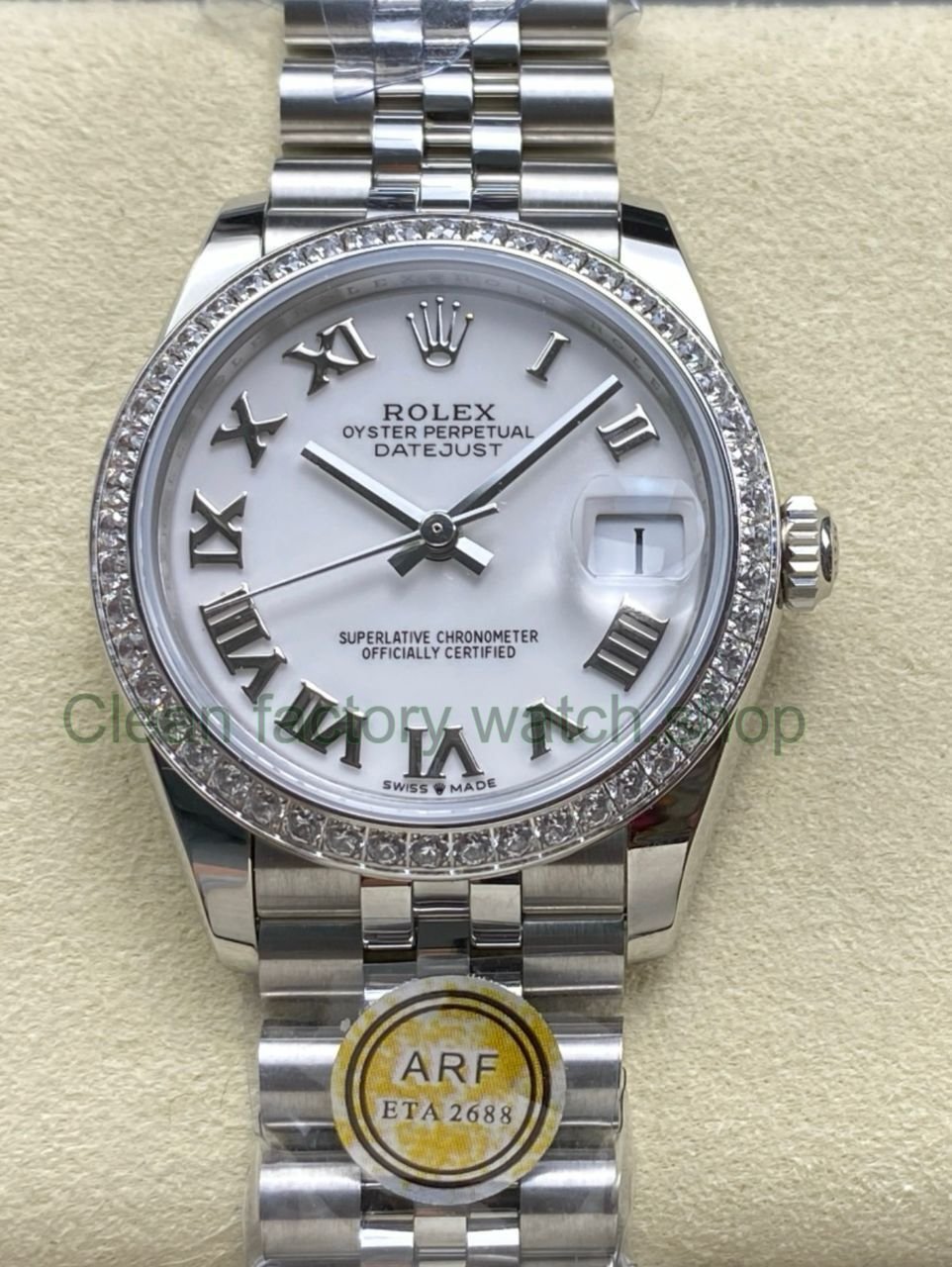 ARF Factory Counterweight Rolex Datejust 278384RBR 0014 31mm Diamond Bezel Roman Numerals White Dial Jubile 8 Clean Factory Watch