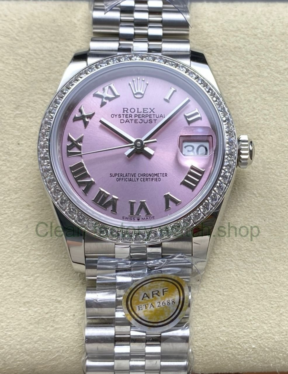 ARF Factory Counterweight Rolex Datejust 278384RBR 0024 31mm Diamond Bezel Roman Numerals Pink Dial Jubilee 8 Clean Factory Watch
