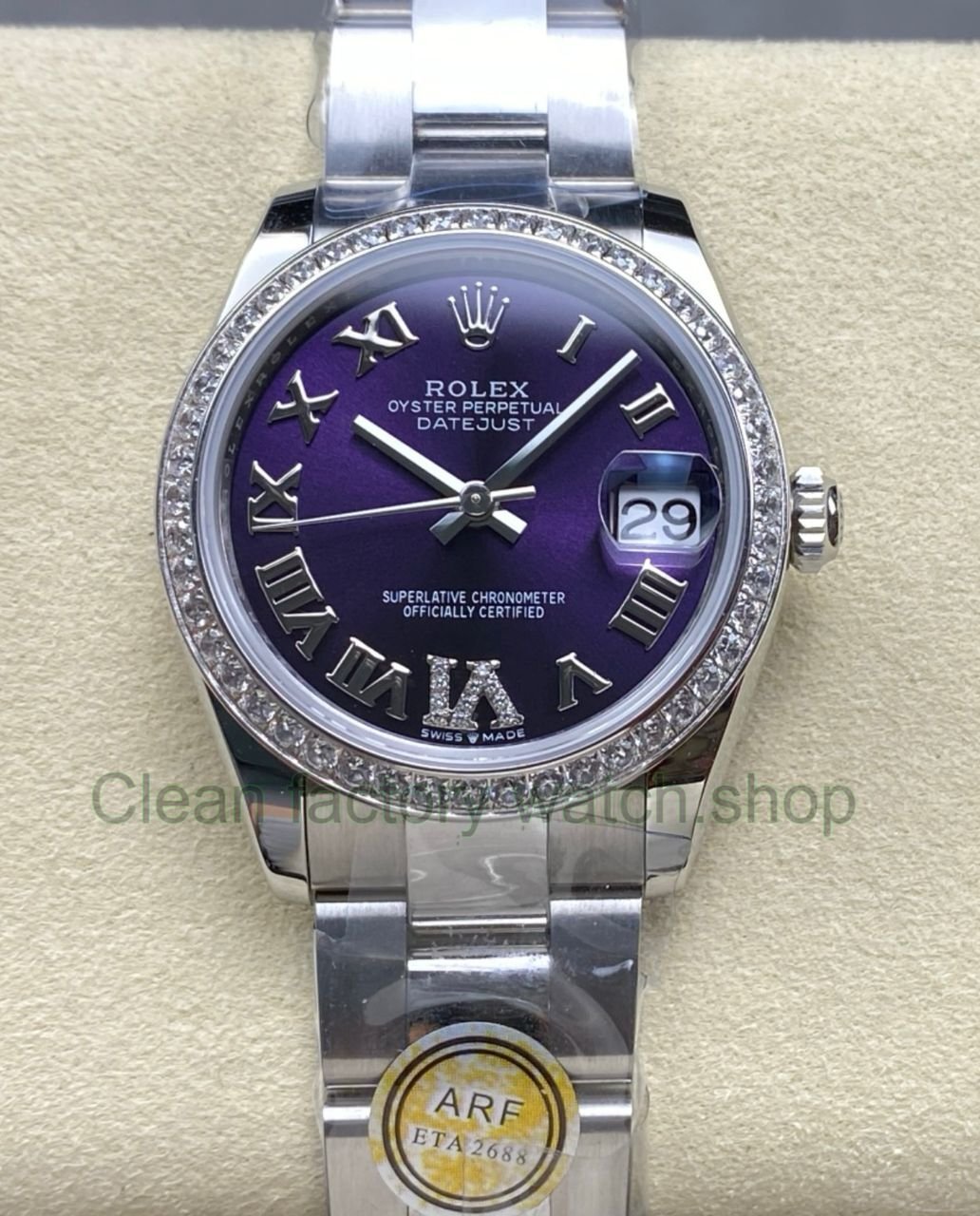 ARF Factory Counterweight Rolex Datejust 278384RBR-0029 31mm Diamond Bezel Roman VI Purple Dial 1 ARF Factory Counterweight Rolex Datejust 278384RBR 0029 31mm Diamond Bezel Roman VI Purple Dial 7 Clean Factory Watch