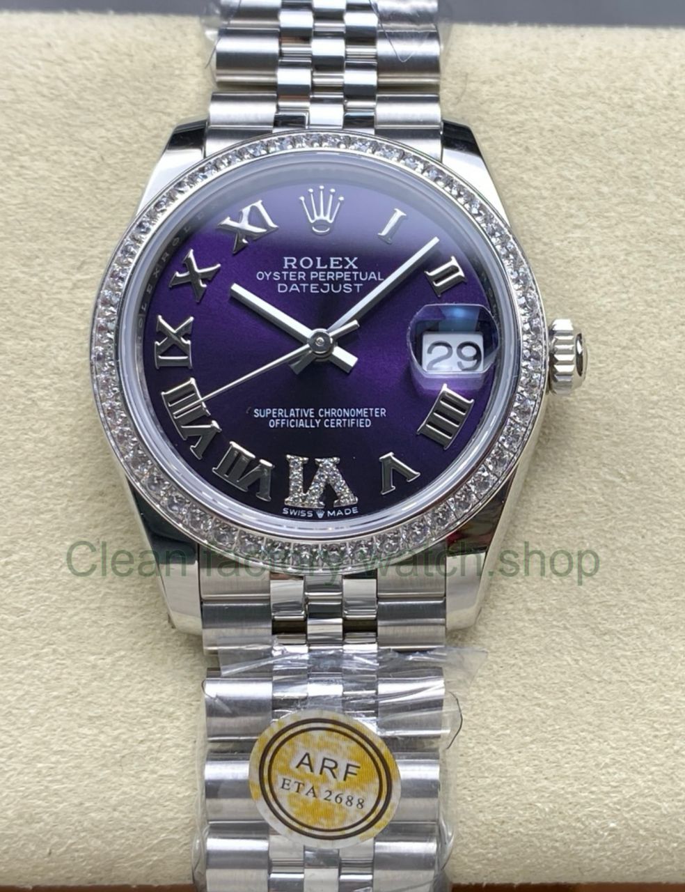 ARF Factory Counterweight Rolex Datejust 278384RBR-0030 31mm Diamond Bezel Roman VI Aubergine Dial Jubilee 1 ARF Factory Counterweight Rolex Datejust 278384RBR 0030 31mm Diamond Bezel Roman VI Aubergine Dial Jubilee 1 6 Clean Factory Watch