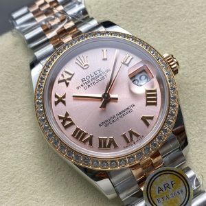 ARF Factory Counterweight Rolex Datejust 278381RBR-0002 31mm Rose Gold Diamond Bezel Roman Numerals Rose Dial Jubilee at 45 degree angle