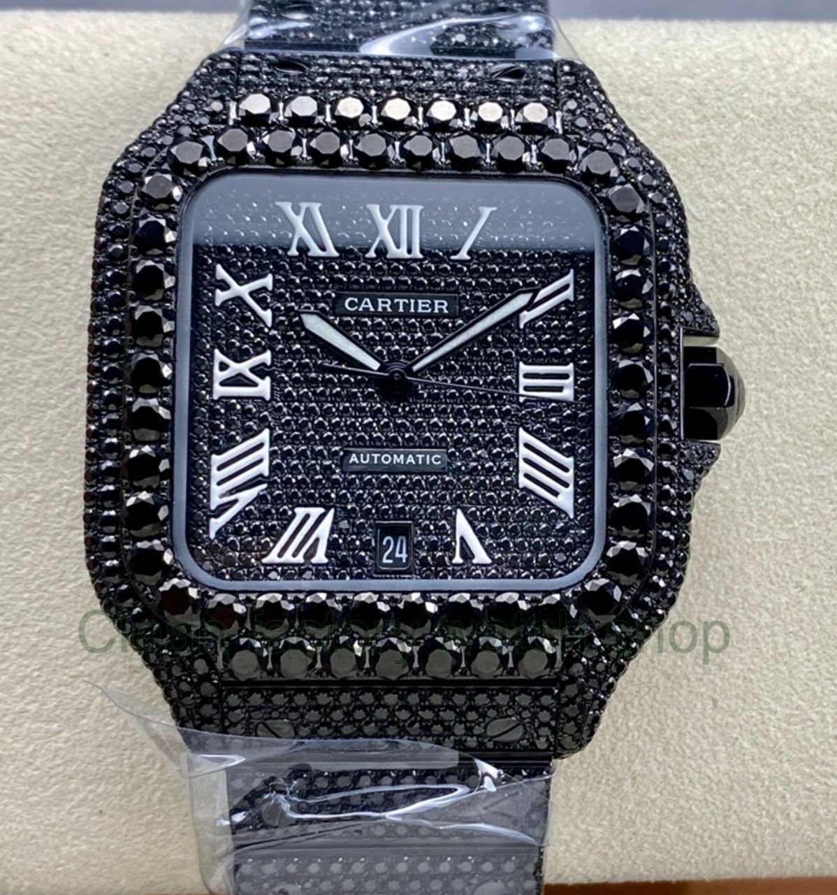 Cartier Santos Modification and customization moissanous diamonds Black Dial 15 Clean Factory Watch