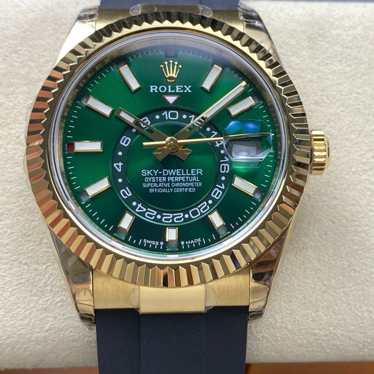 Noob Factory Rolex Sky Dweller 336238 42mm Yellow Gold OysterFlex Green Dial 1 Clean Factory Watch