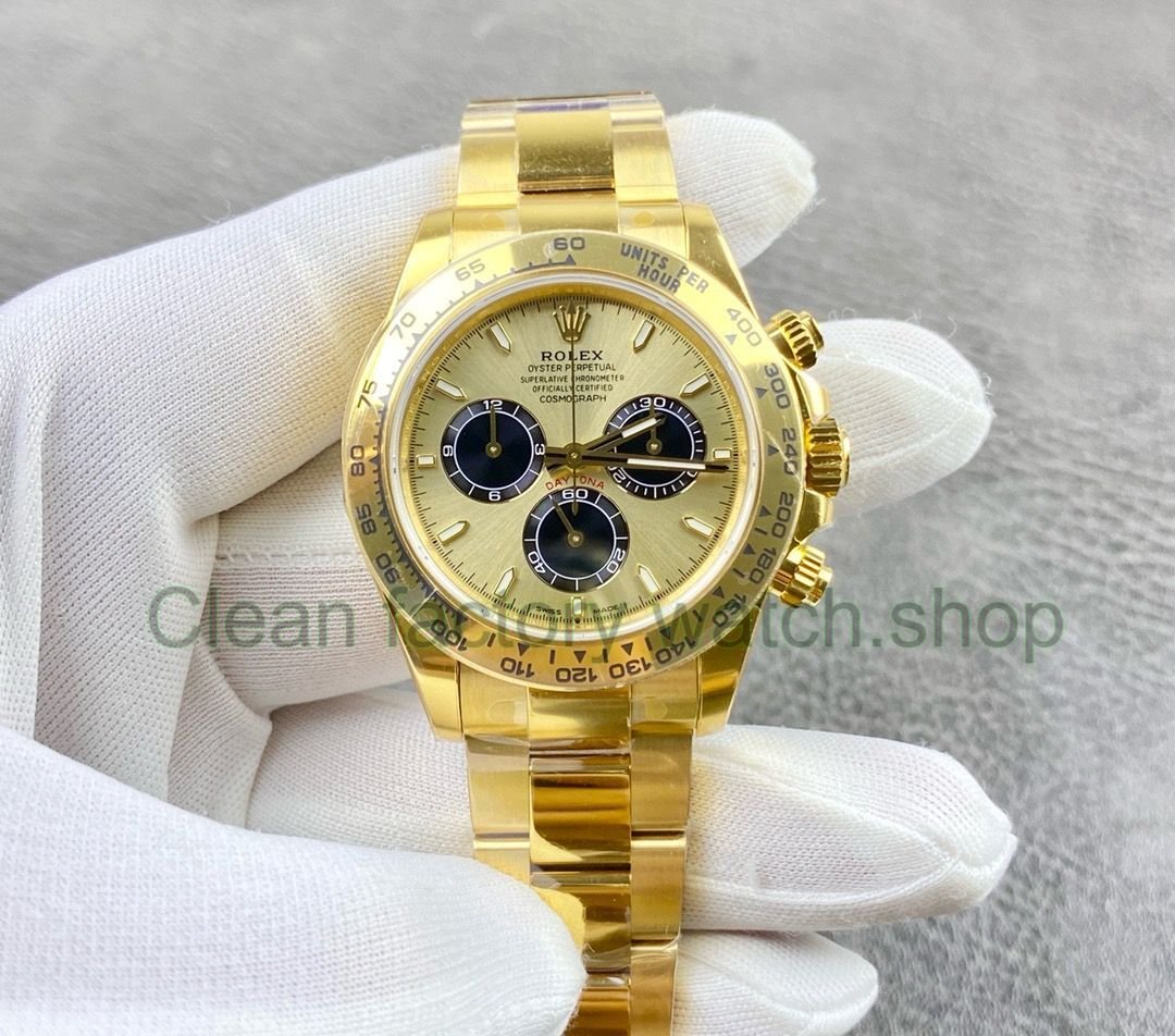 VS Factory CounterWeight Rolex Daytona 126508 0006 40mm Full Yellow Gold Black Eye Champagne Dial 7 Clean Factory Watch