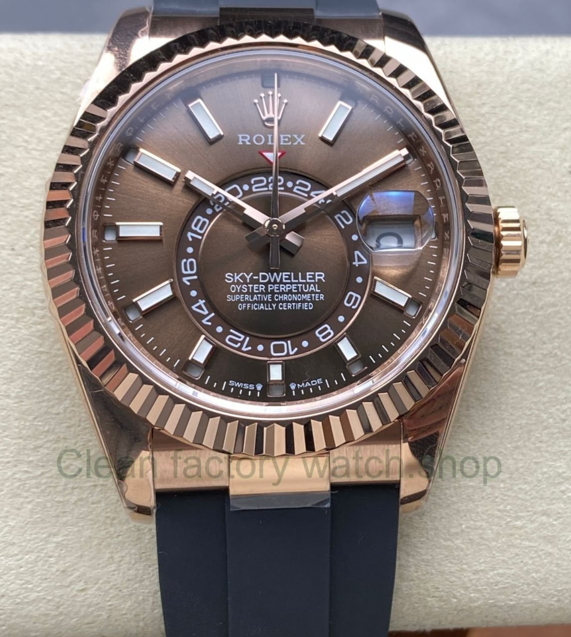 ZF Factory CounterWeight Rolex Sky Dweller 336235 0002 42mm Rose Gold OysterFlex Brown Dial 1 Clean Factory Watch