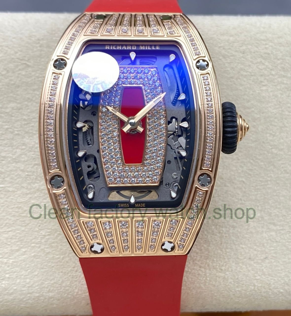 ZF Factory Richard Mille RM07 31.4mm Diamond Rose Gold Red Rubber Strap Skeletonized Black Dial 26 Clean Factory Watch
